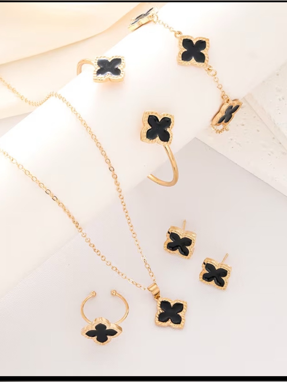 Gold & Black Clover Pendant Necklace and Earring Set - Women Jewelry